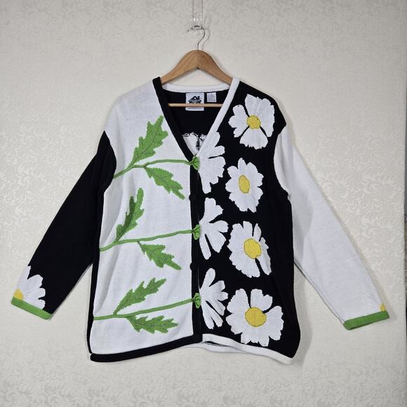 VTG Storybook Knits Cardigan Sweater sz 1X White Black Green Floral Colorblock - Picture 15 of 15